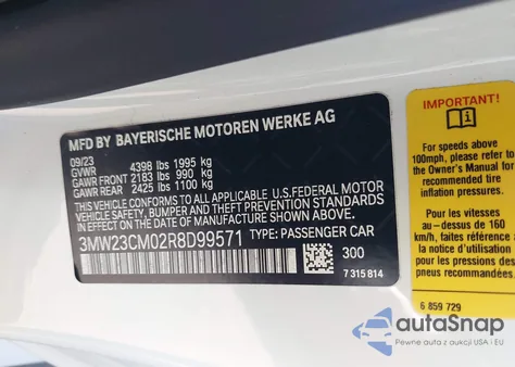 2024 BMW 230 I z USA, uszkodzony, nr VIN 3MW23CM02R8D99571